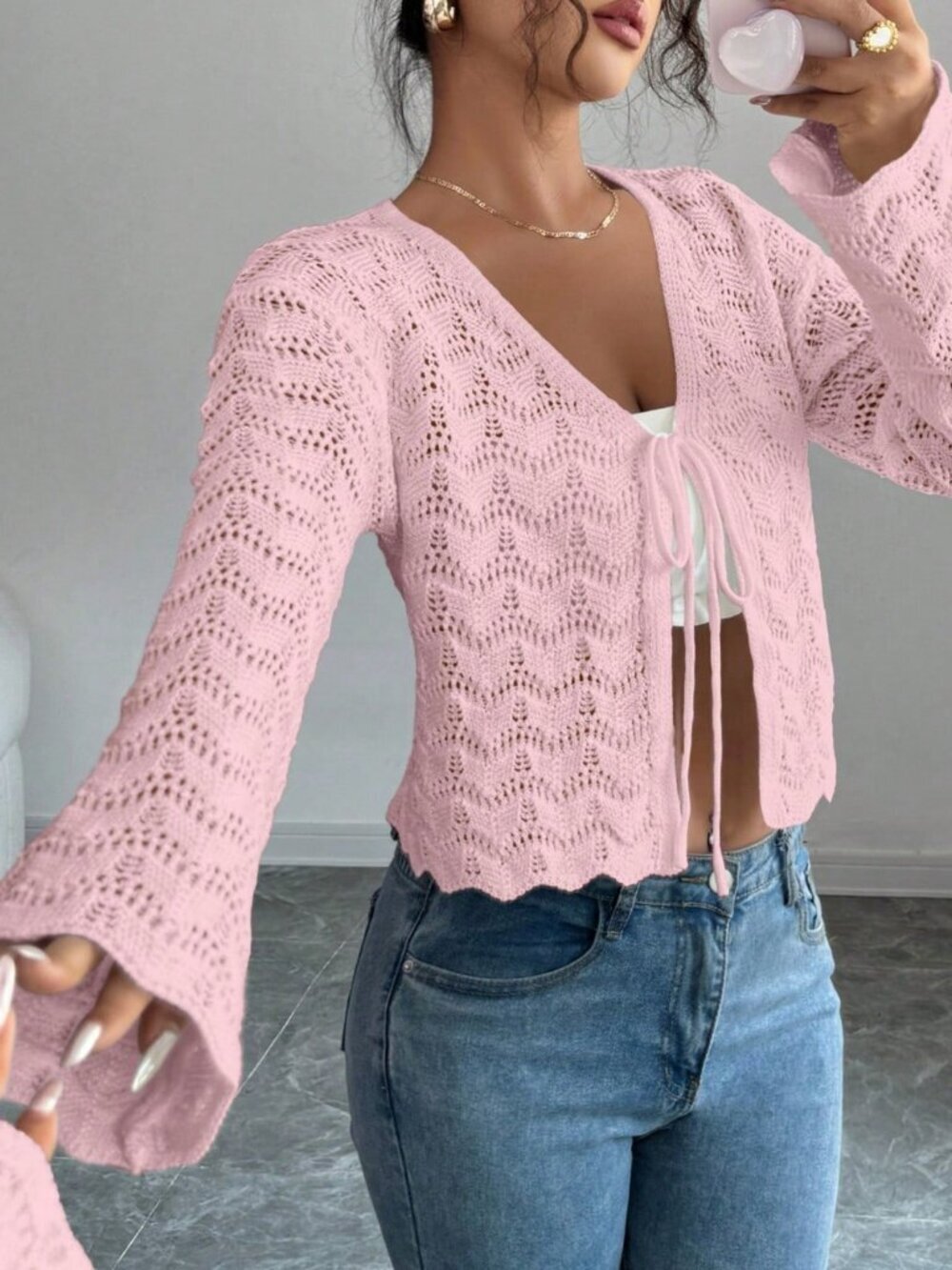 Pink Casual Women's Elegant Tie-Front Hollow-Out Knit Flare Sleeve Cardigan